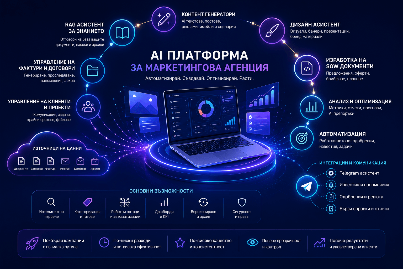Схема на AI платформата за маркетингова агенция: RAG асистент за знанието, контент и дизайн генератори, SOW документи, управление на клиенти и проекти, Telegram асистент